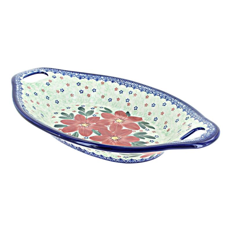 Blue Rose Polish Pottery 110 Vena Bread Tray with Handles - Poinsettia
