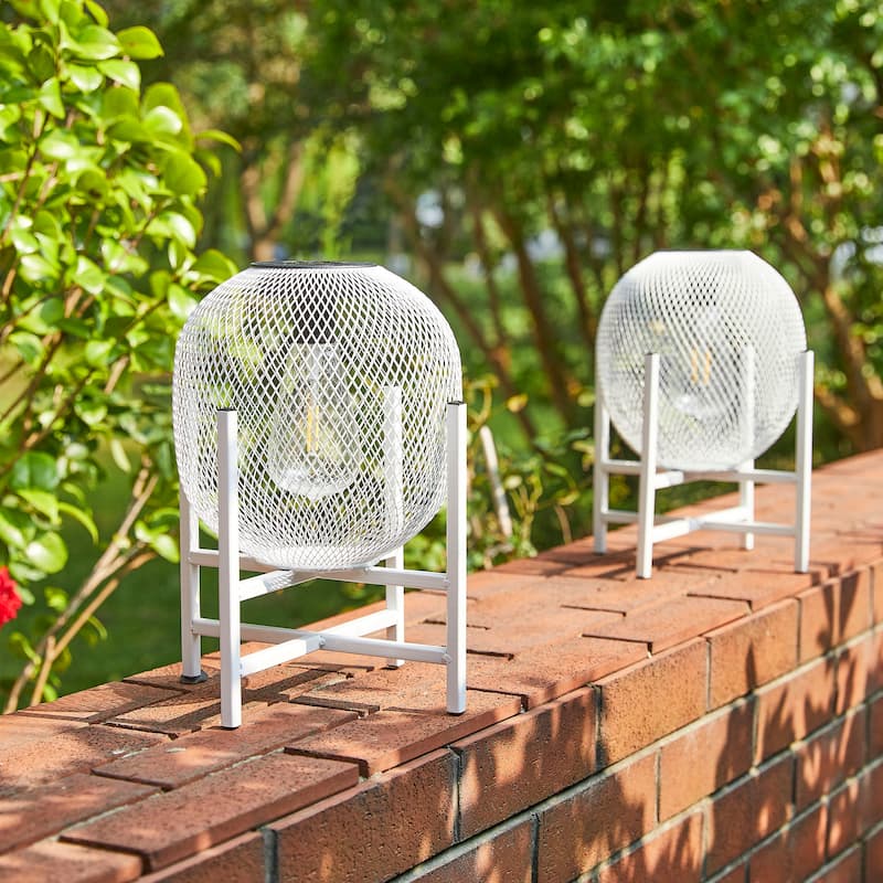 Glitzhome 11.5"H Set of 2 Mesh Edison Bulb Outdoor Solar Lantern with Stand