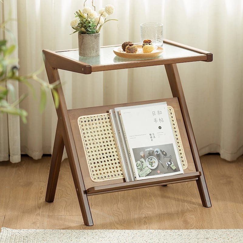 Rattan Nightstand Side Table, Bamboo Accent Bedside Tables, Glass Coffee Tables, Boho End Table with Storage