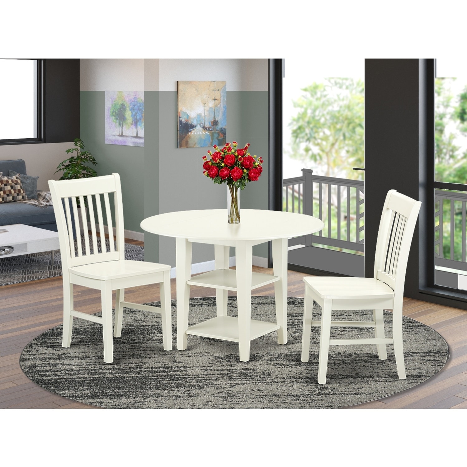HomeStock 3-Piece Linen White Finish Round Solid Wood Top Dining Table Set