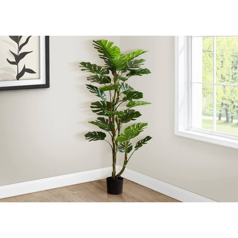 Artificial Plant, 61" Tall, Monstera Tree, Indoor, Potted, Floor, Real Touch, Green Leaves, Black Pot