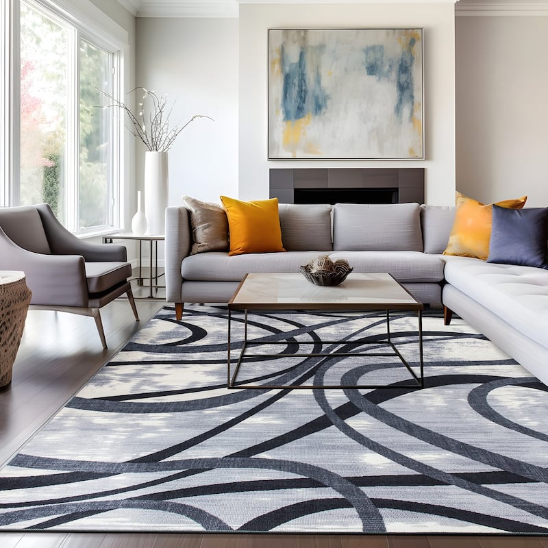 Contemporary Distressed Abstract Lines Non Slip Area Rug