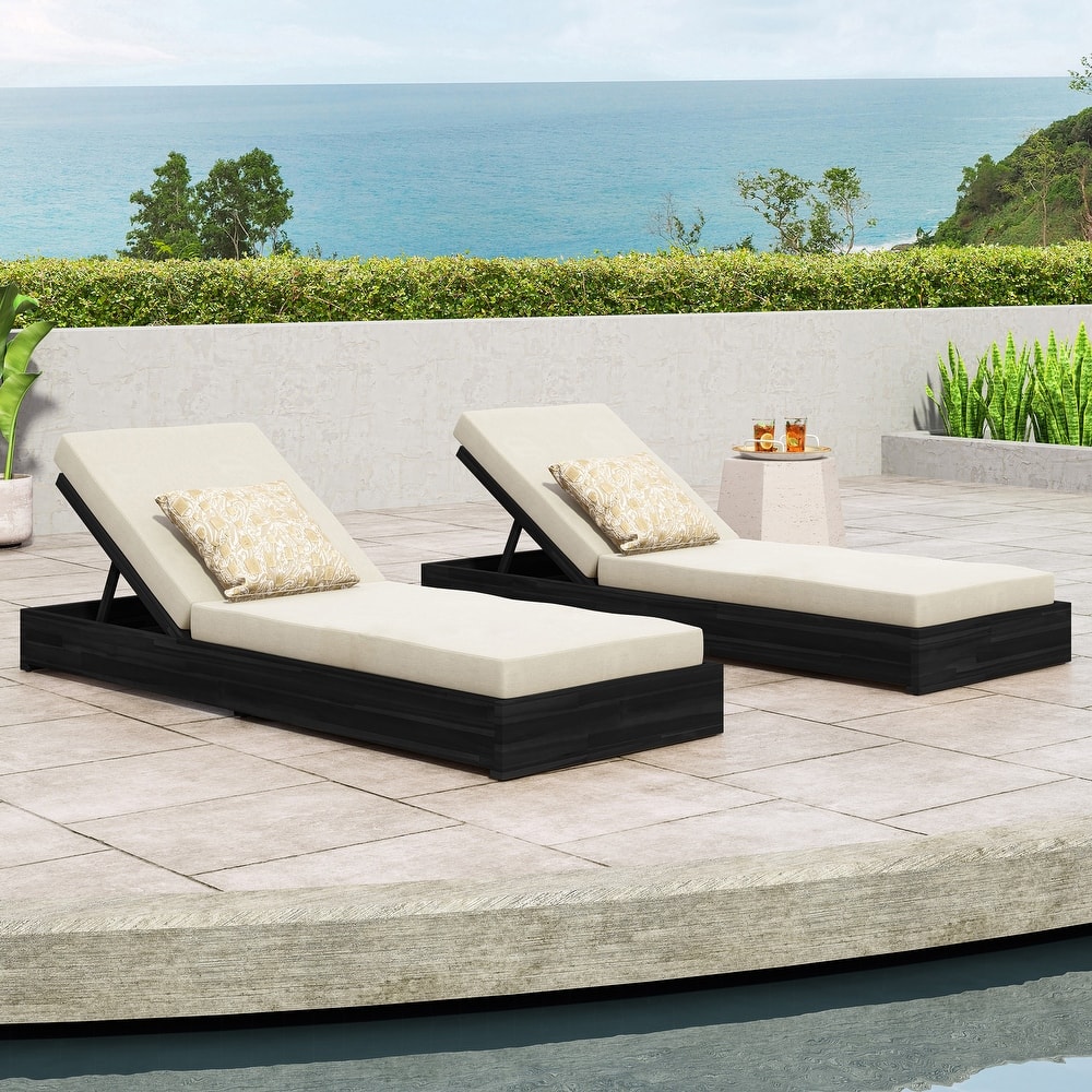 Ian Outdoor Acacia Wood Chaise Lounge with Cushion (Set of 2) by Christopher Knight Home