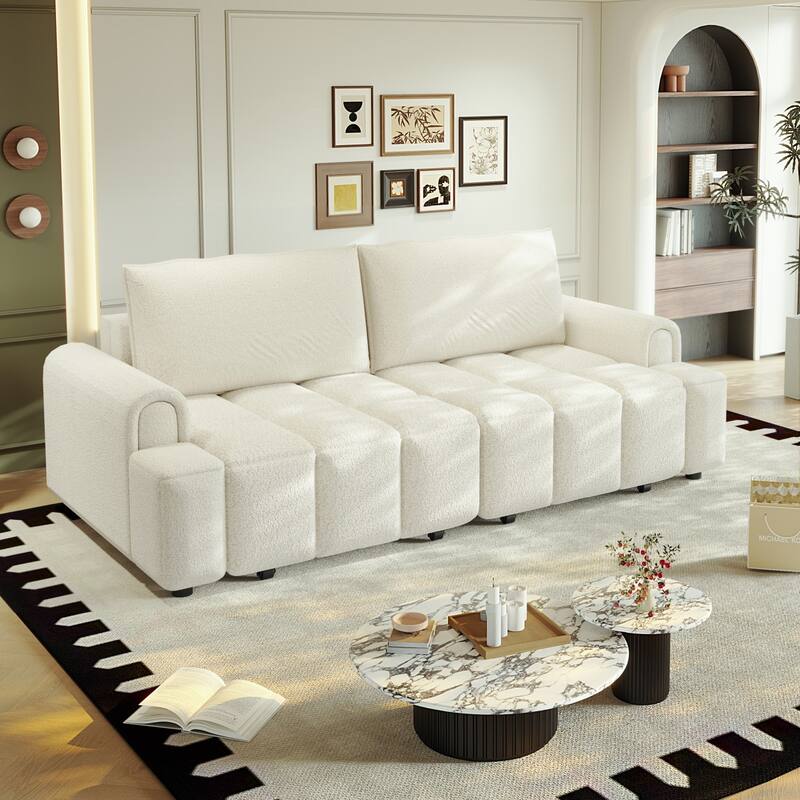 90.2" Convertible 4-Seater Teddy Fabric Sofa with Storage - Beige