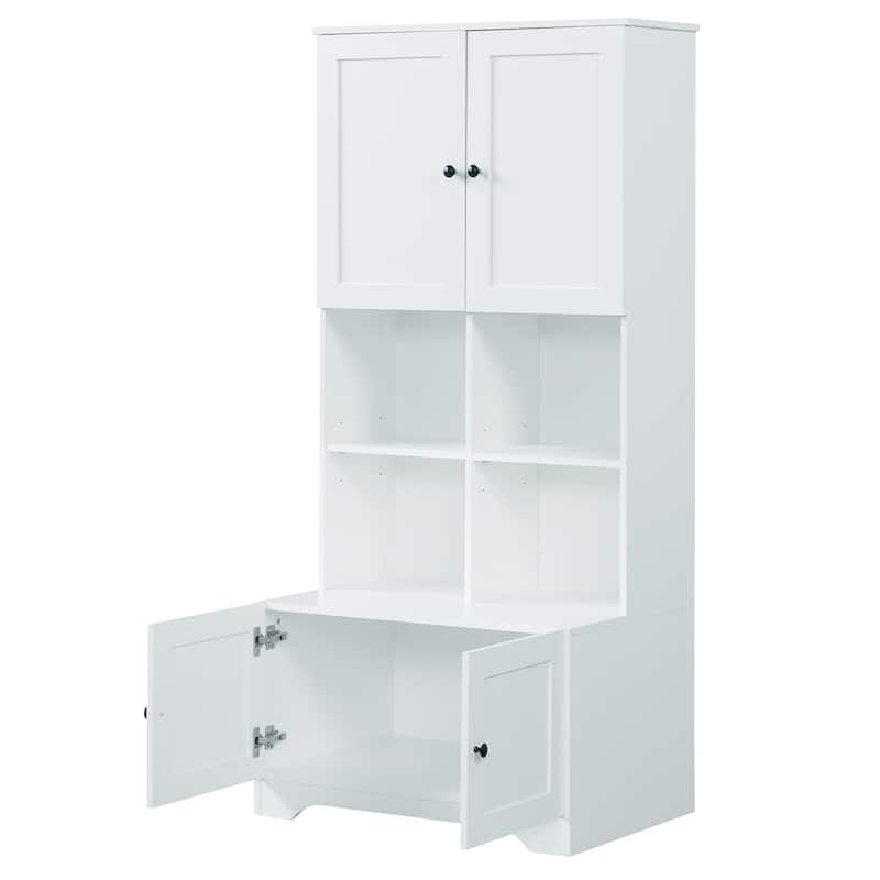 Large Bathroom Floor Standing Storage Cabinet with Open Level Shelves Bathroom Storage Units, 4 Doors Freestanding Cabinet