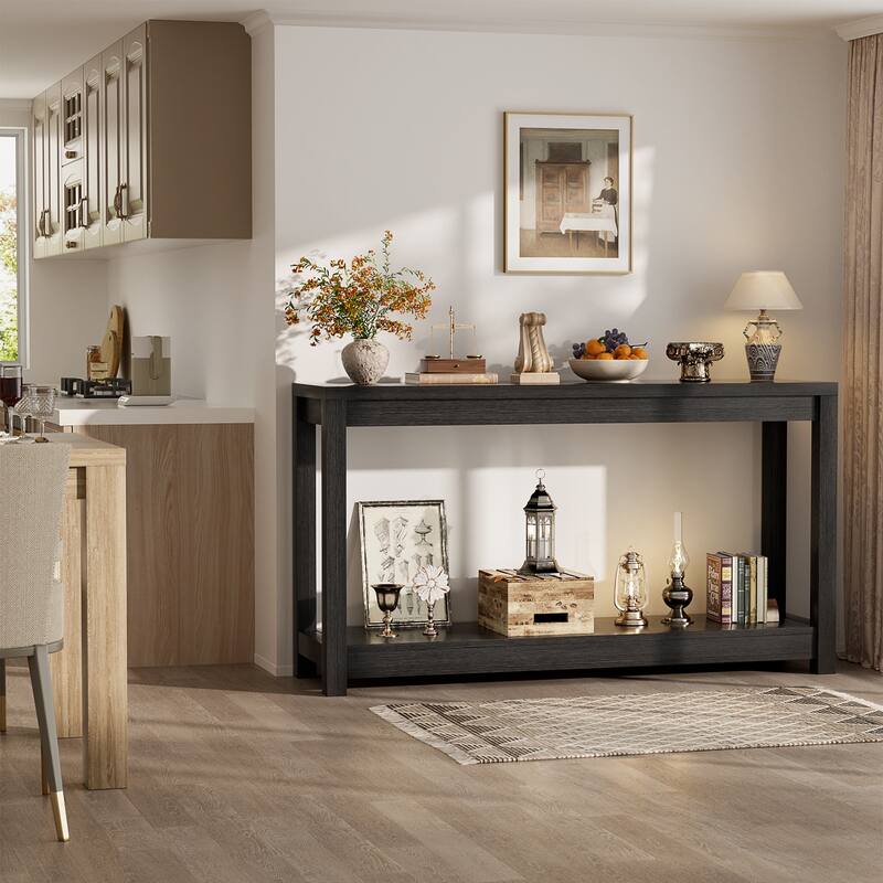 Farmhouse Black Thick Console Sofa Table, Wood Entryway Desk with Storage Shelf