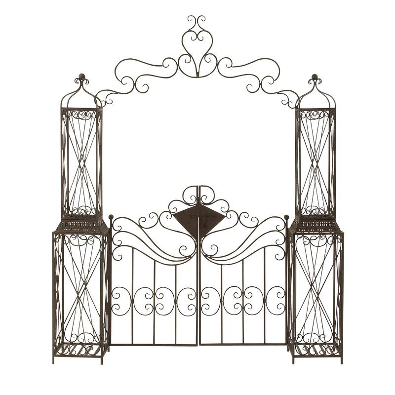 Black Metal Indoor Outdoor Scrollwork Arched Gate Garden Arbor with Pillars and Latch Lock Closure