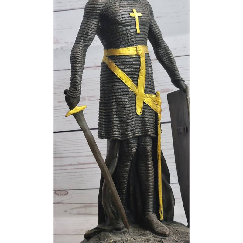 Medieval Templar Knight Crusader Soldier Warrior Bronze Sculpture Statue Figure Marble Base