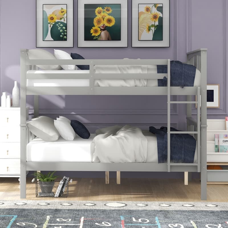 Full over Full Size Wood Bunk Bed with Ladder