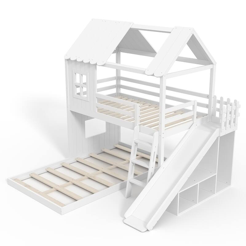 Twin over Full House Bunk Bed with Ladders and Slides, House Floor Bunk Bed with Storage Shelves and Wardrobe