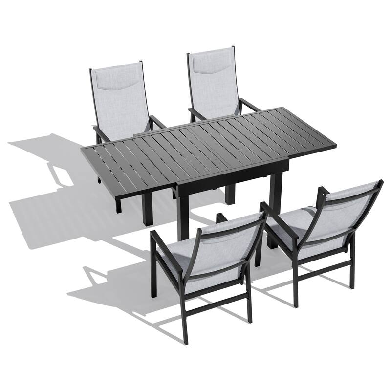 5-PC Outdoor Patio Aluminum Dining Sets Rectangular Expandable Table with Adjustable Dining Chairs - Table-Black&Chairs-LightGrey
