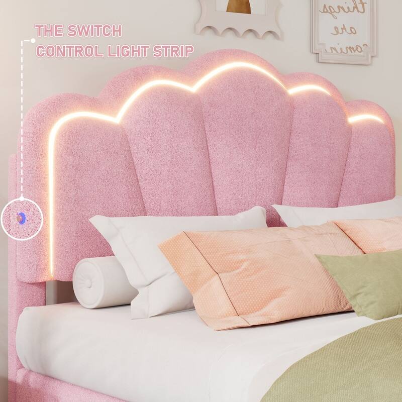 Elegant Sherpa Fabric Platform Bed with LED Light Strip and Flower-Shape Headboard