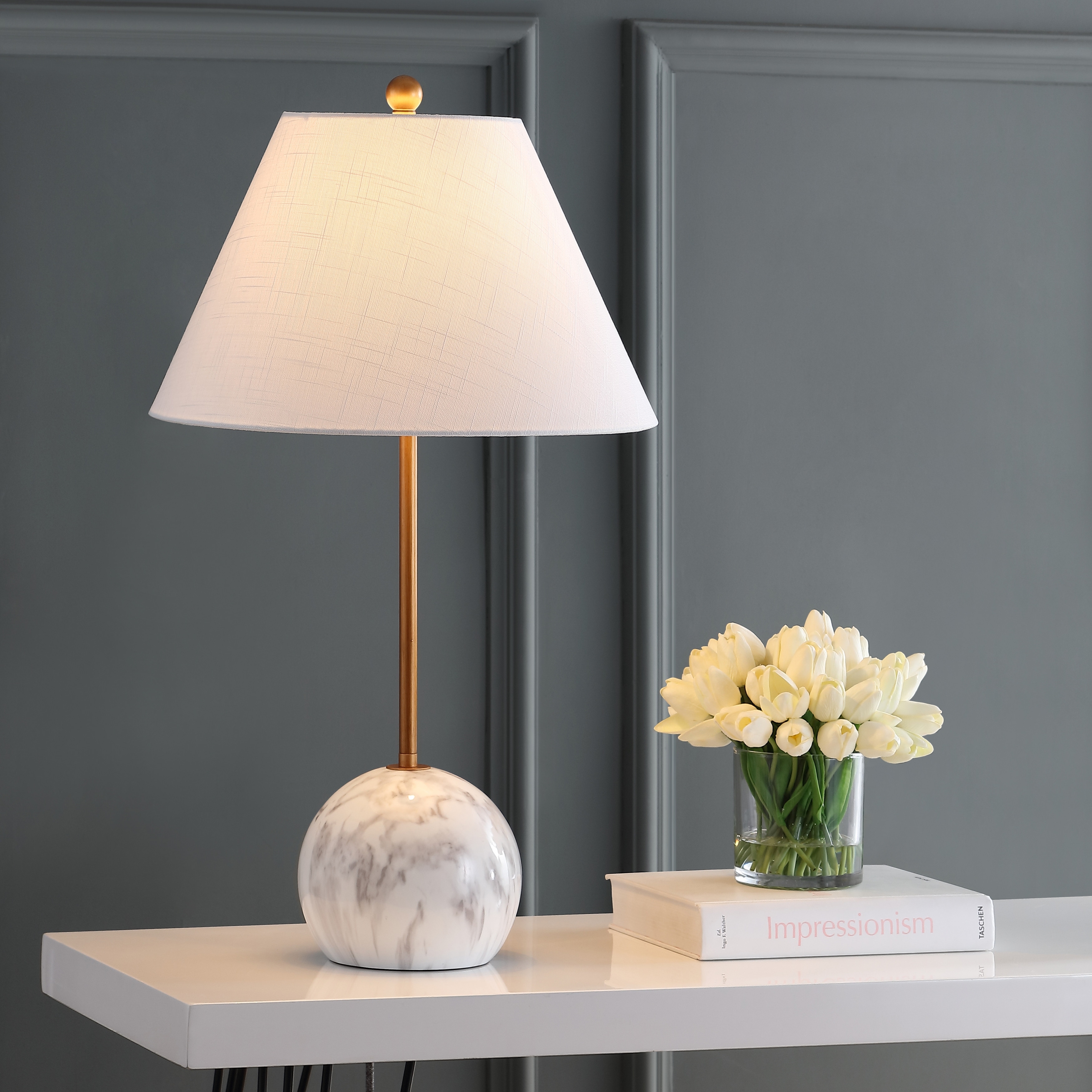 JONATHAN Y Celia 29" Minimalist Resin/Metal LED Table Lamp, Gold/White