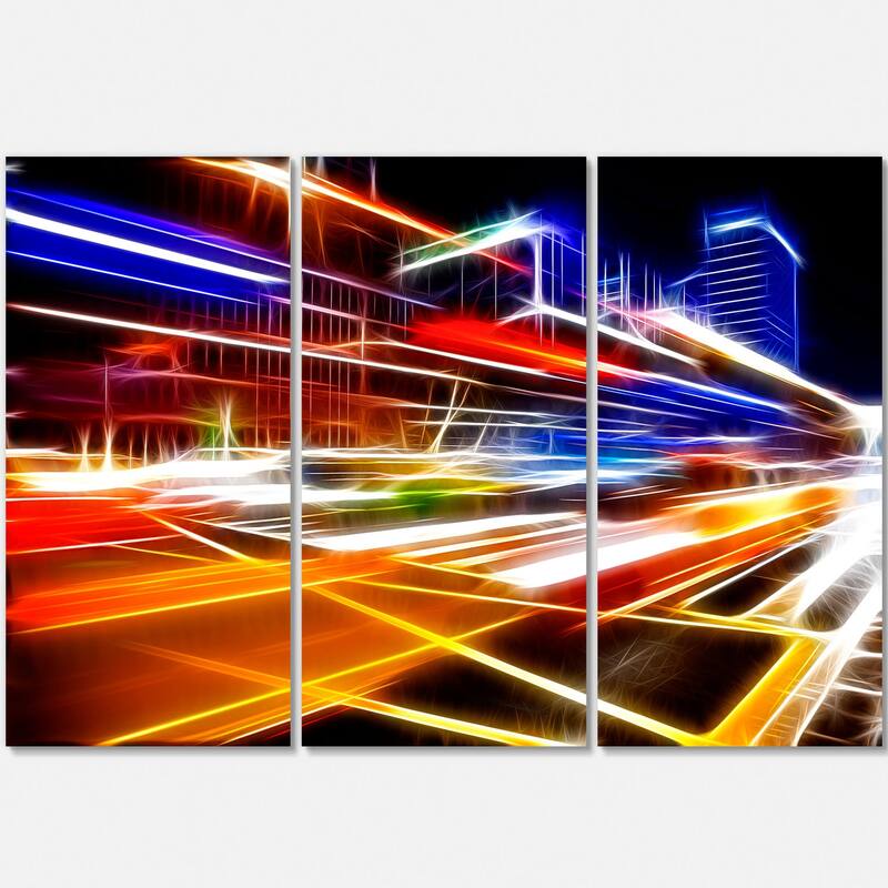 Designart 'High Speed Traffic Trails' Cityscape Digital Art Metal Wall Art - 36 in. wide x 28 in. high - 3 panels