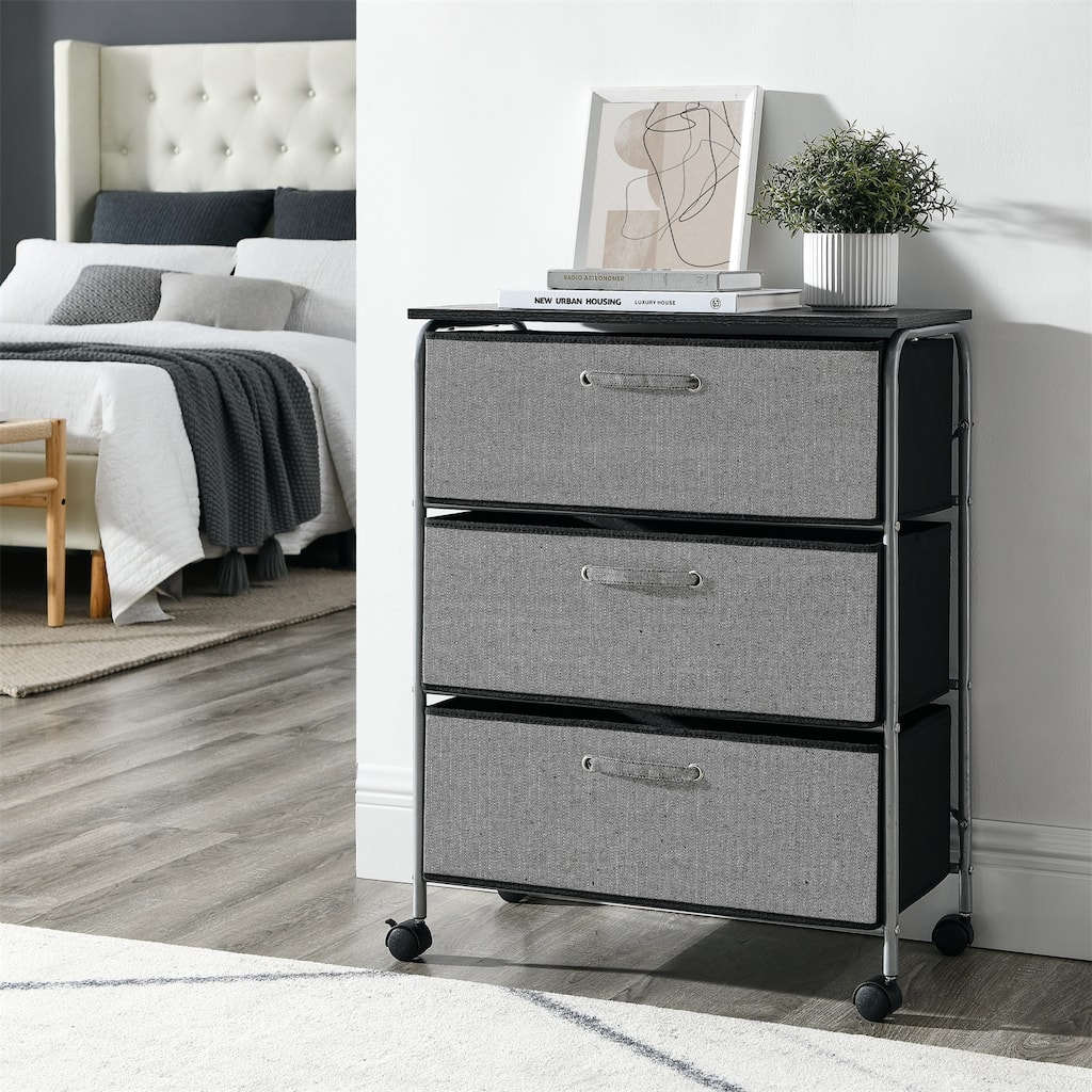 3 Drawers Fabric Dresser Storage Tower Shelves With Mdf Top,Organizer Unit For Bedroom,Grey (23.5"X12"X30")