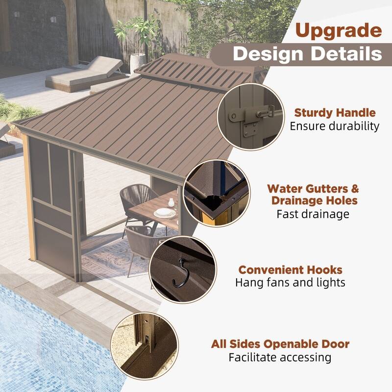Outdoor Hardtop Sunroom Gazebo with Double Roof & Sliding Doors, All-Season Aluminum Outdoor Pergola, PE Screens&Lockable Design