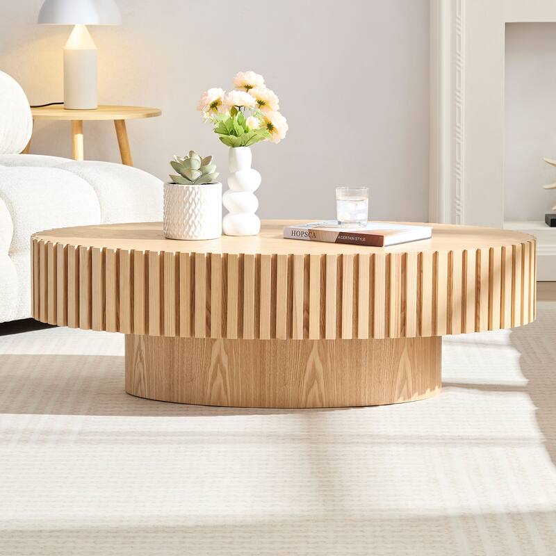 Modern Handcraft Drum Coffee Table Length 43.7 inch Round Coffee Table for Living Room,Small Coffee Table with Sturdy Pedestal