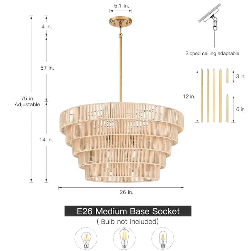 Piersan 5-Light Modern Bohemian Chandelier with Tiered Rattan Shade - 26 in. W