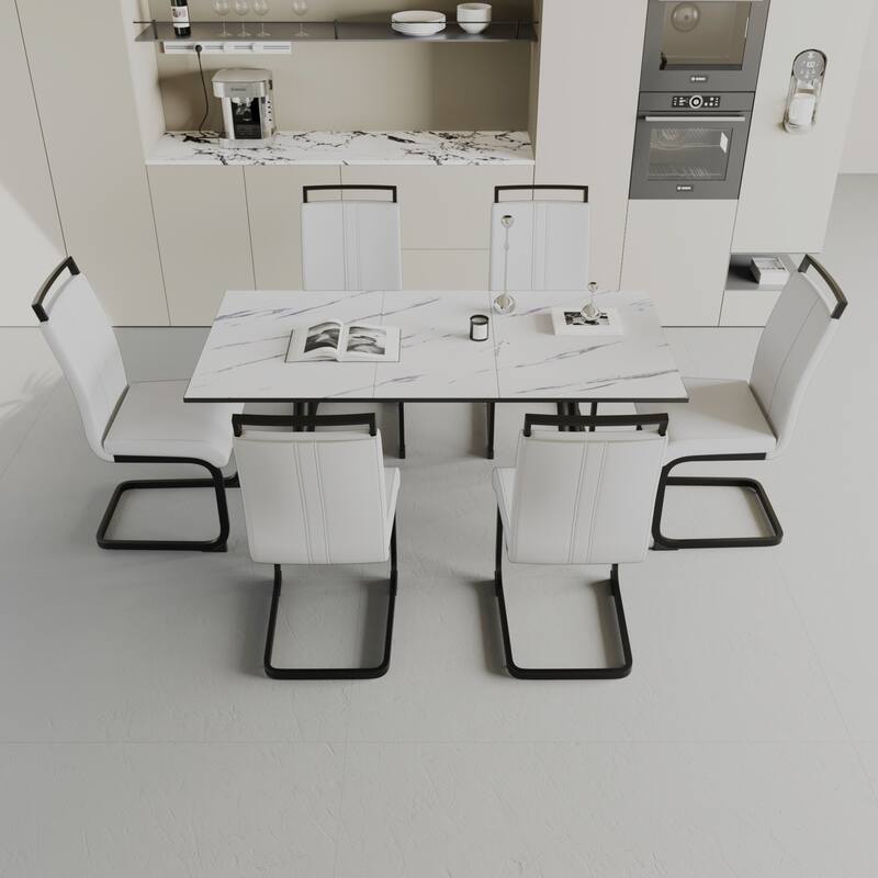 7-Piece Expandable Dining Table Set with C-shaped Tubular Cushioned Armless Chair, Scratch Resistant Plastic Feet