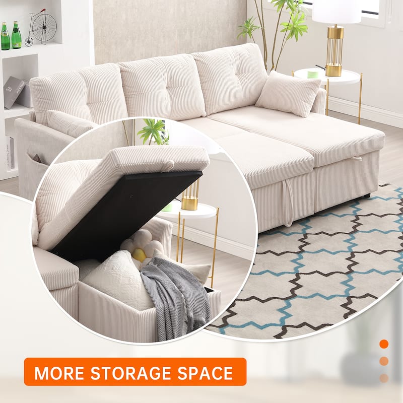 Corduroy/Chenille Upholstered L-Shaped Storage Reversible Chaise Sectional Sofa with Side Pocket