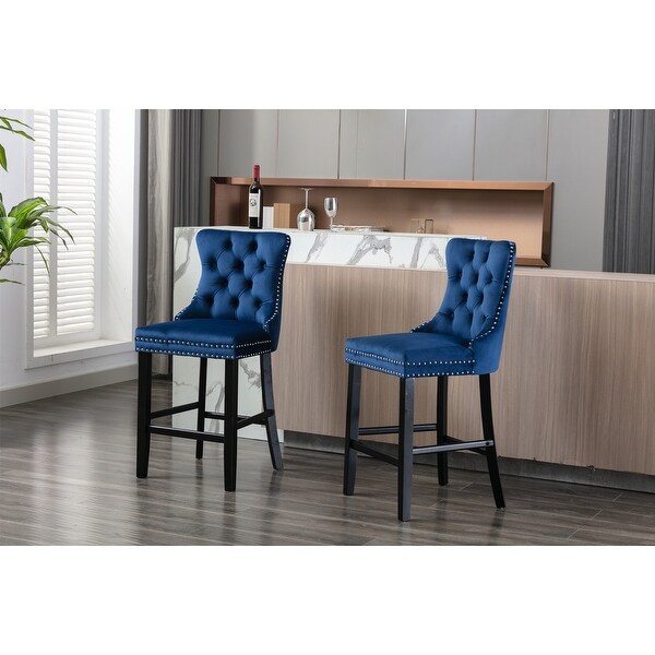 Navy Blue Modern Velvet Barstools with Chrome Nailhead Trim Dining