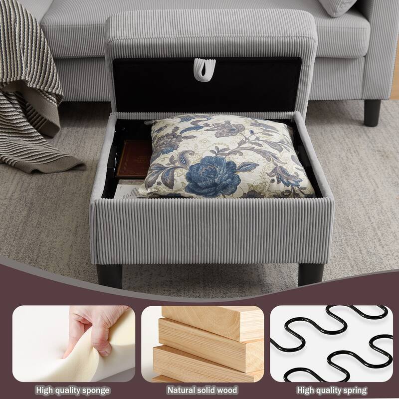 101"Corduroy 3 Piece Living Room Set Including 4 Seater Sofa ,2 Storage Ottoman and Chair