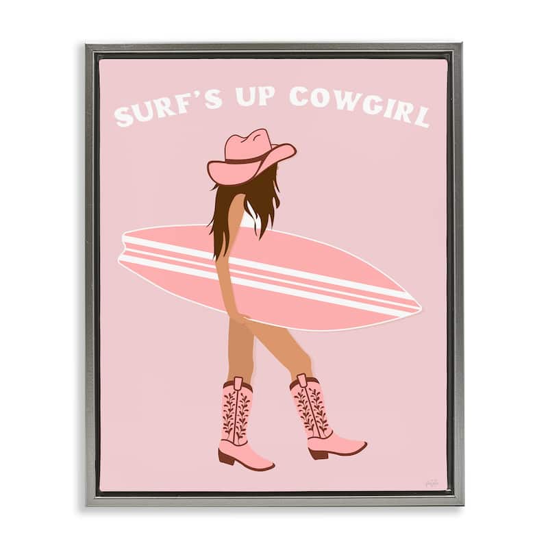 Stupell Surf's Up Cowgirl Framed Floater Canvas Wall Art Design By Natalie Carpentieri - 17 x 21 - Grey