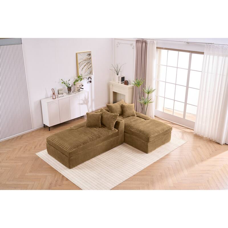 Oversized Corduroy Upholstered Chaise Lounge Sofa / Double Single Side Arm Sleeper Sofa Couch / Modular Recliner Sofa - Brown