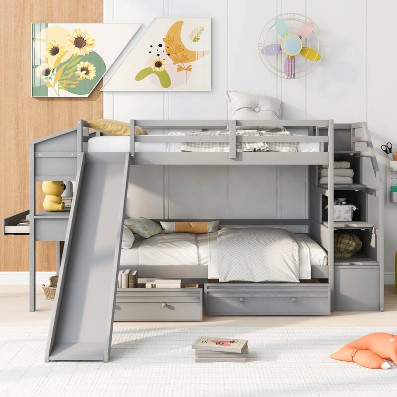 Twin over Twin Bunk Bed with Storage Staircase, Slide and Drawers, Desk