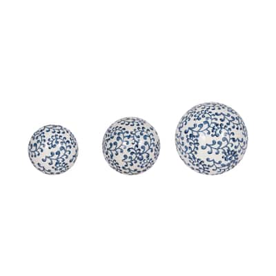Sagebrook Home Blue and White Traditional Ceramic Decorative Orbs Set of 3 - 6" x 6" x 6"