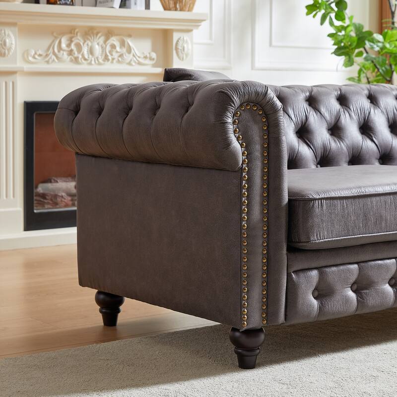 Grey 85.5" Tech Fabric 3-Seater Chesterfield Sofa with Rolled Arms, 2 Cushions