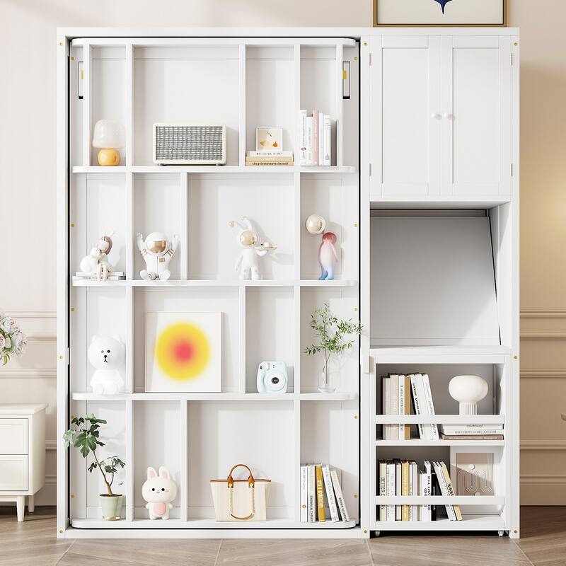 Twin Size Rotating Murphy Wall Bed with Bookshelf, Top Cabinet, Modern Foldable Cabinet Bed with Extendable Desk, Side Storage