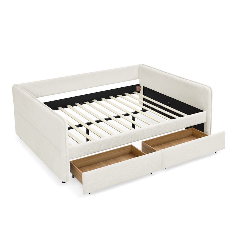 Queen Size Boucle Daybed with Trundle and 2 Storage Drawers and Tufted Upholstered Sofa Bed