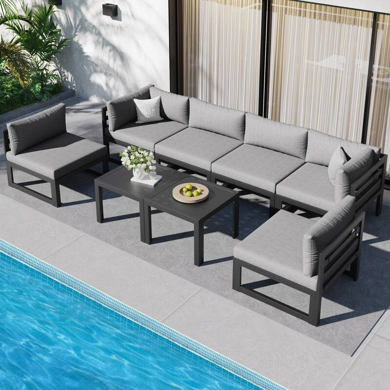 FINCATI Aluminum Outdoor Patio Furniture Conversation Sectional Sofa Set - 8Pieces-A/Sectional - Light Grey