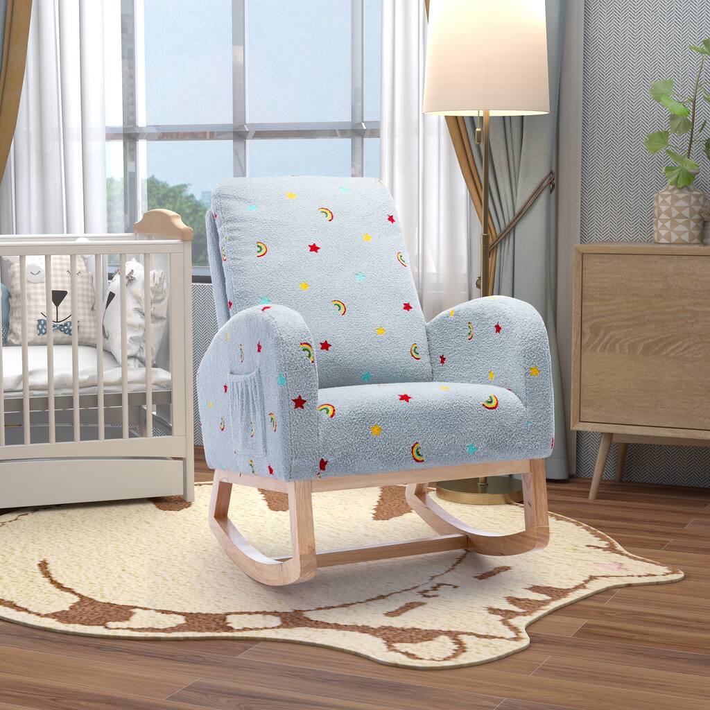 Upholstered High Back Wooden Rocking Chair, With Side Pocket