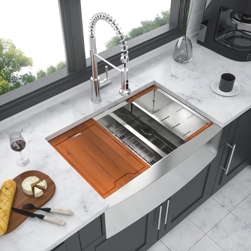 Double Bowl(60/40) Farmhouse Sink Workstation, 33 Inch Apron Front Kitchen Sink - 33x22x10 inch