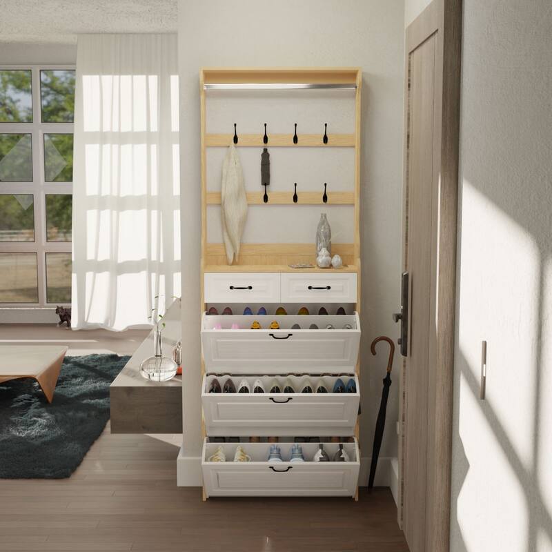 Wood Shoe Storage Cabinet 24-Pair Foldable Compartments Shoe Cabinet with 2-Drawer,3 Flip Drawers & Hanger