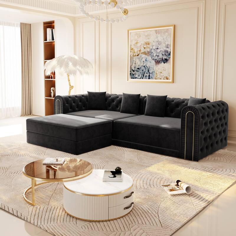 GDFStudio - 90.6" 3-in-1 Convertible Velvet Sleeper Sofa with Movable Ottoman - Black