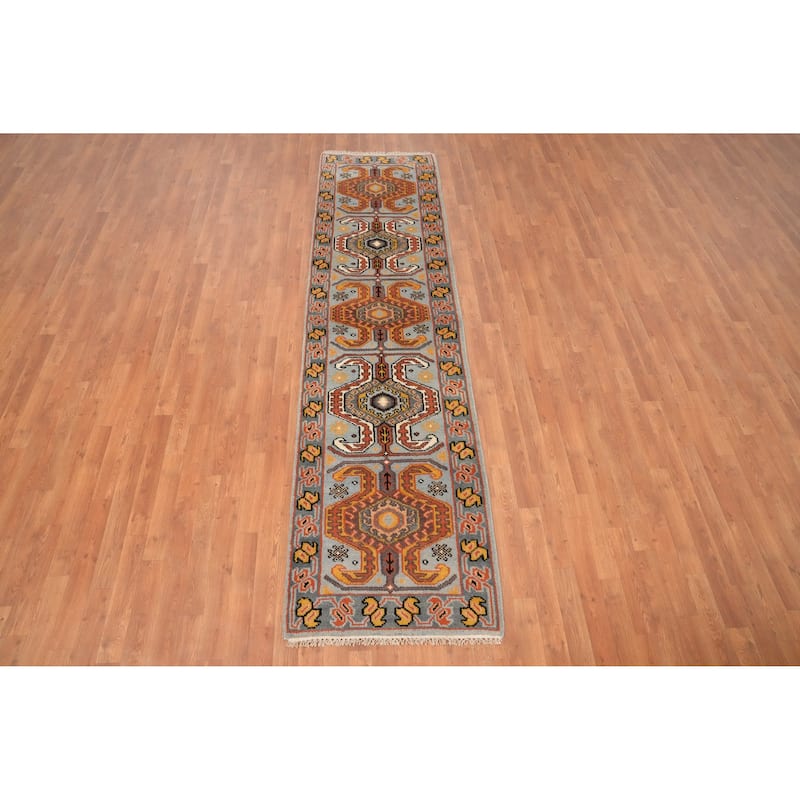 Hand Knotted Oriental 100% Wool Carpet Traditional Geometric Navy Blue & Blues Kazak Runner Rug - 10' 0'' X 2' 7''