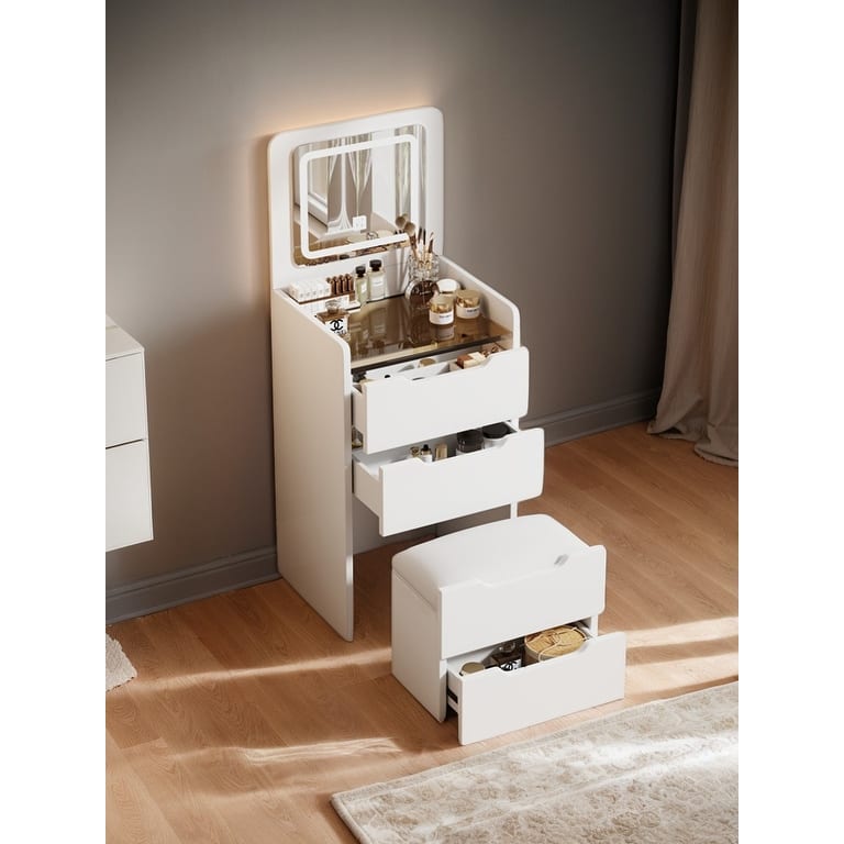 3 in 1 Vanity Desk with Plip Top Mirror,Small Make Up Vanity Set with Visible Glass Desktop, Compact Dressing Table