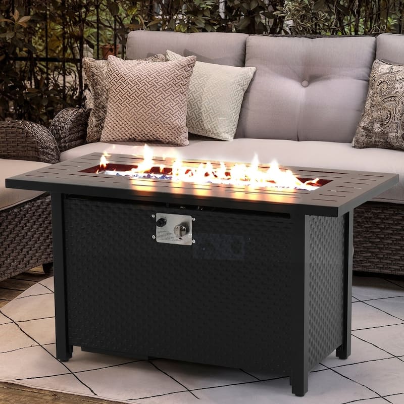 Outdoor 50000 BTU Rectangular 45” Propane Fire Pit Table with Glass Wind Guard for Patio, Deck, Backyard, Black