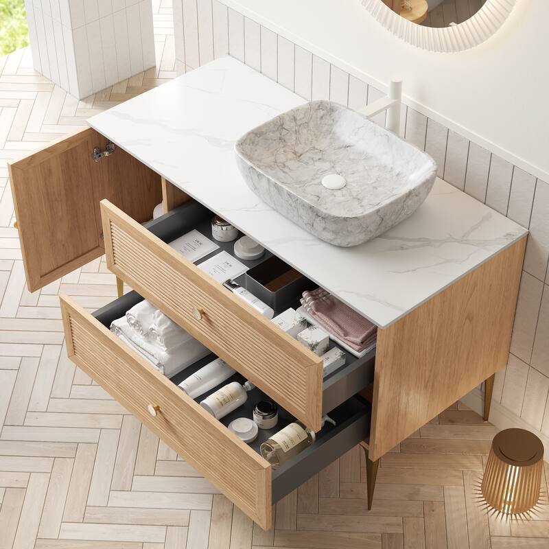 Freestanding Bathroom Vanity with Sintered Stone Top and Rectangle Ceramic Round Basin