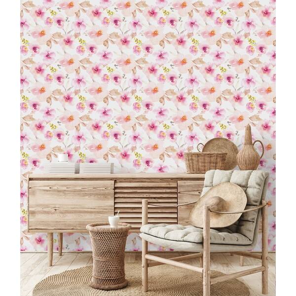 slide 2 of 2, Watercolor Pink Flowers Wallpaper 25"W x 125"H - Peel-and-Stick