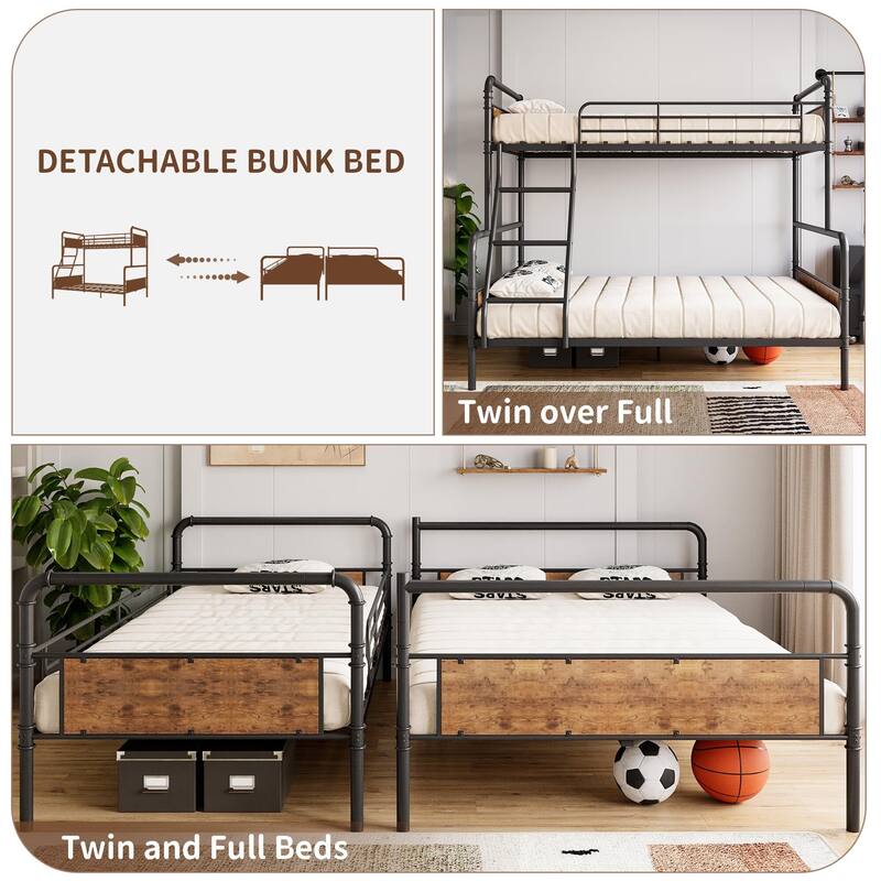 Metal Bunk Bed Twin Over Full Size, with Angled Ladder, High Guardrail