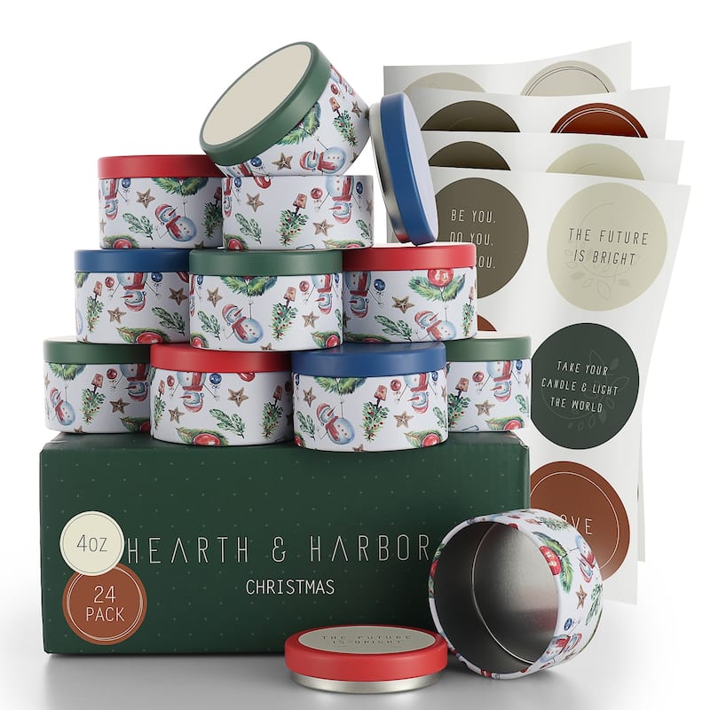 Hearth & Harbor Candle Tins - Candle Jars for Making Candles - DIY Candle Containers with Lids - 4Oz - Set of 24 - Christmas