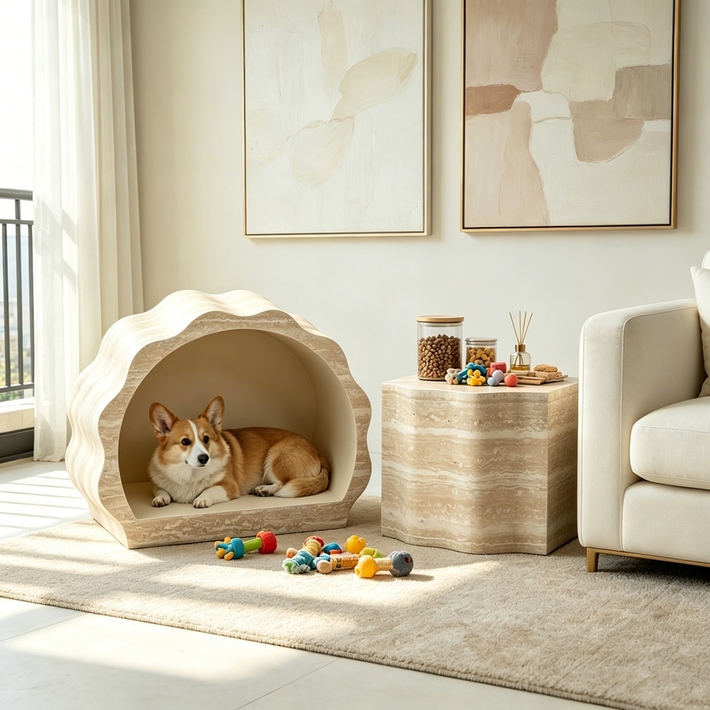Round Coffee Tables Side Table Set of 2, Wood Nesting End Table Pet Bed for Living Room