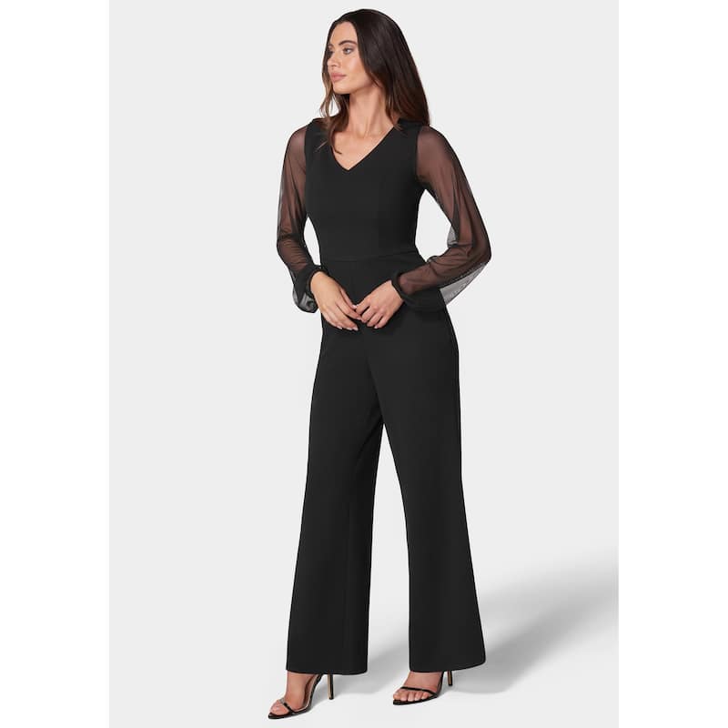 Bebe Women's V-Neck Jumpsuit with Powermesh Sleeve