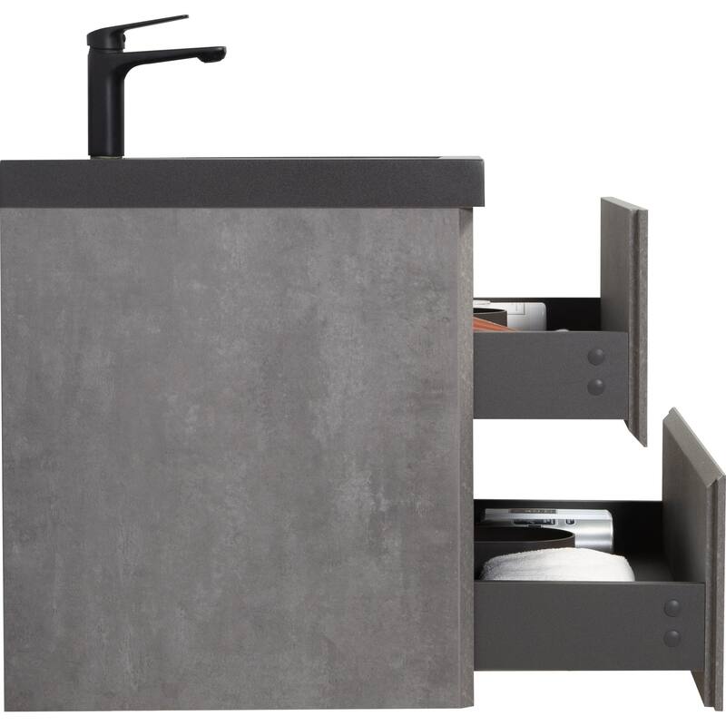 36" Wall-Mounted Floating Vanity with Premium Quartz Sand Basin, Grey Modern Storage Cabinet