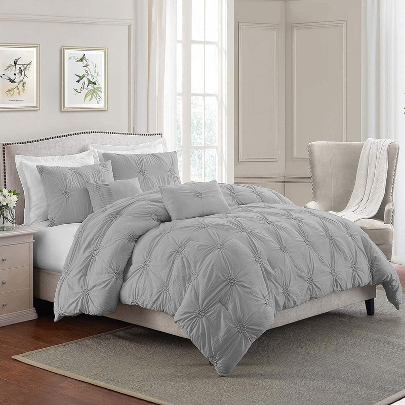 Home Essential Stylish Extra Plush Ultra Soft 3D Hand Embroidered Floral Pintuck Bedding Comforter Set