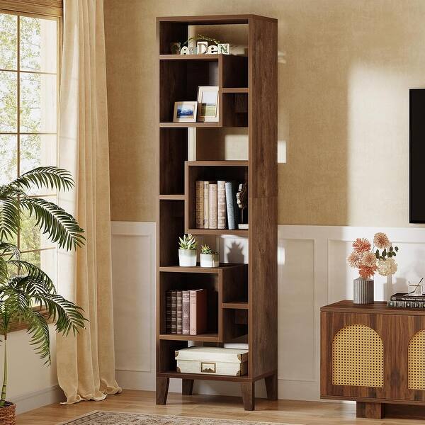 slide 2 of 8, 71" Tall Narrow Bookcase with Open Storage, 8-Tier Staggered Skinny Bookshelf Brown